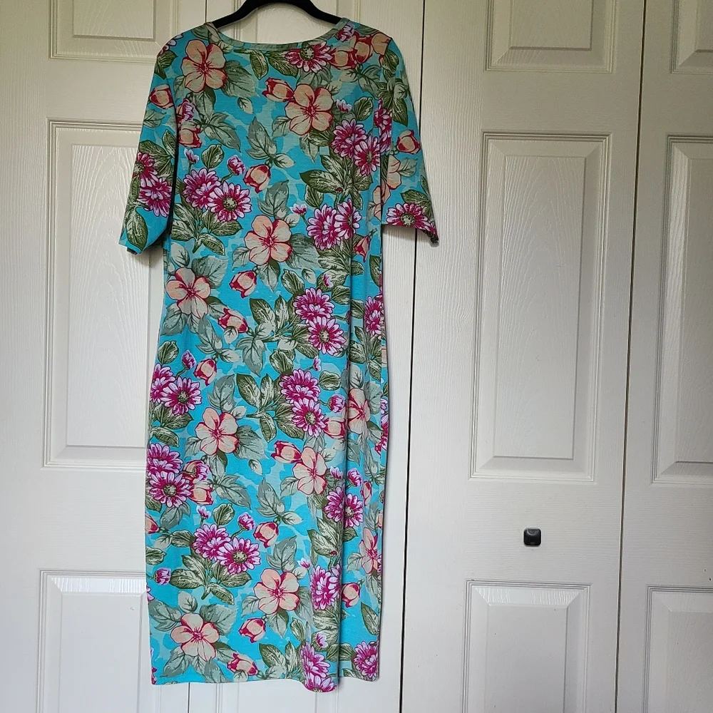 Turquoise Floral Mid-Calf Dress with Wine Pink & Peach Cream Flowers Size XXL - Picture 5 of 6